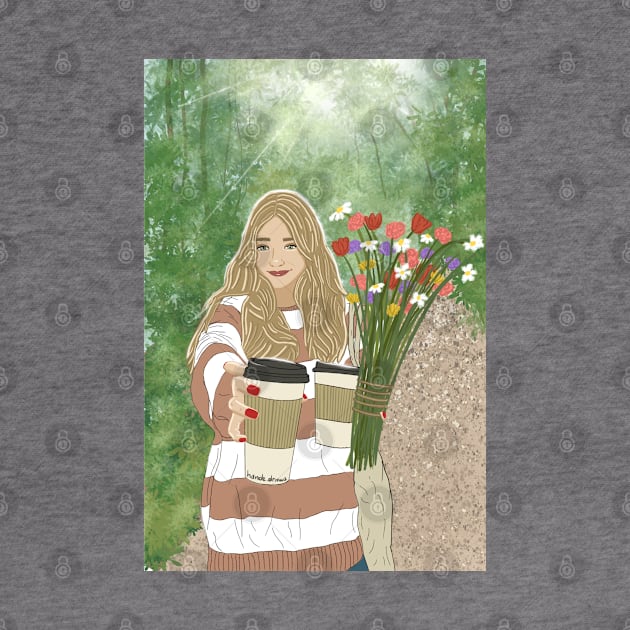 The girl with coffee and flowers by hande.draws